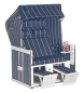 Preview: Gartenstrandkorb Konsul Halbliegemodell, 2-Sitzer, PVC-Kunststoffgeflecht blau mit weißen Nadelstreifen Stoff-Dessin: 27
